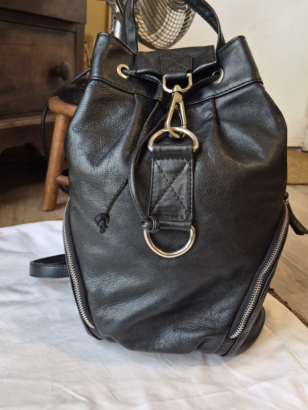 Italian Leather Black Drawstring Backpack with Silver Hardware
